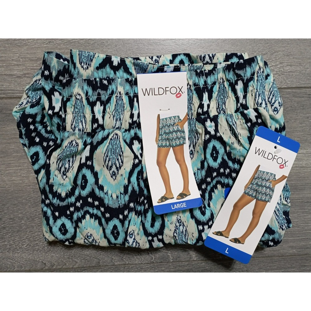 Wildfox Shorts Adult Large Blue Ikat Print Rayon Summer Pockets Womens